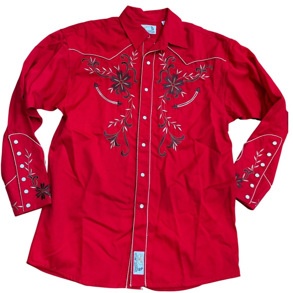 Panhandle Slim Retro Western Wear Pearl Snap Shirt Red‎ Embroidered Medium